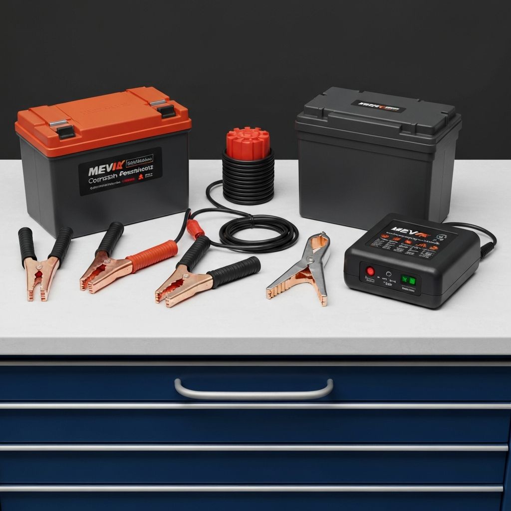 Battery accessories flat lay including cables, charger, and battery box on a workbench