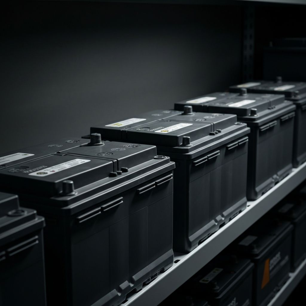 Row of automotive car batteries on a workshop shelf ready for installation