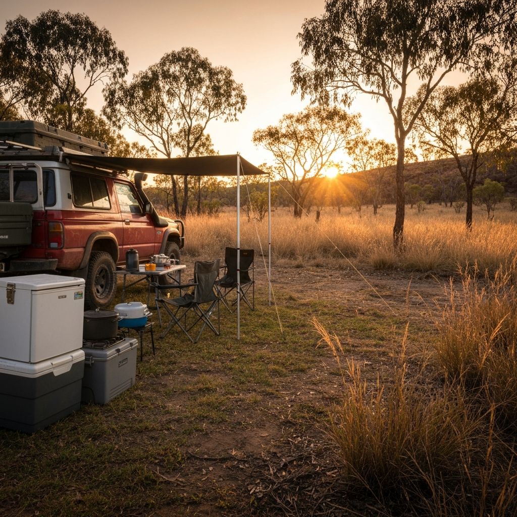 4WD camping setup with awning and camping fridge in the Australian bush at sunset