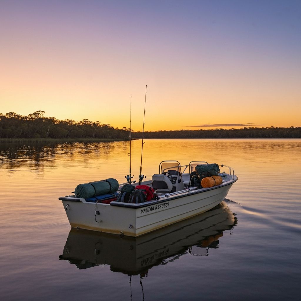 Boat on a calm Australian lake prepared for a recreational outing