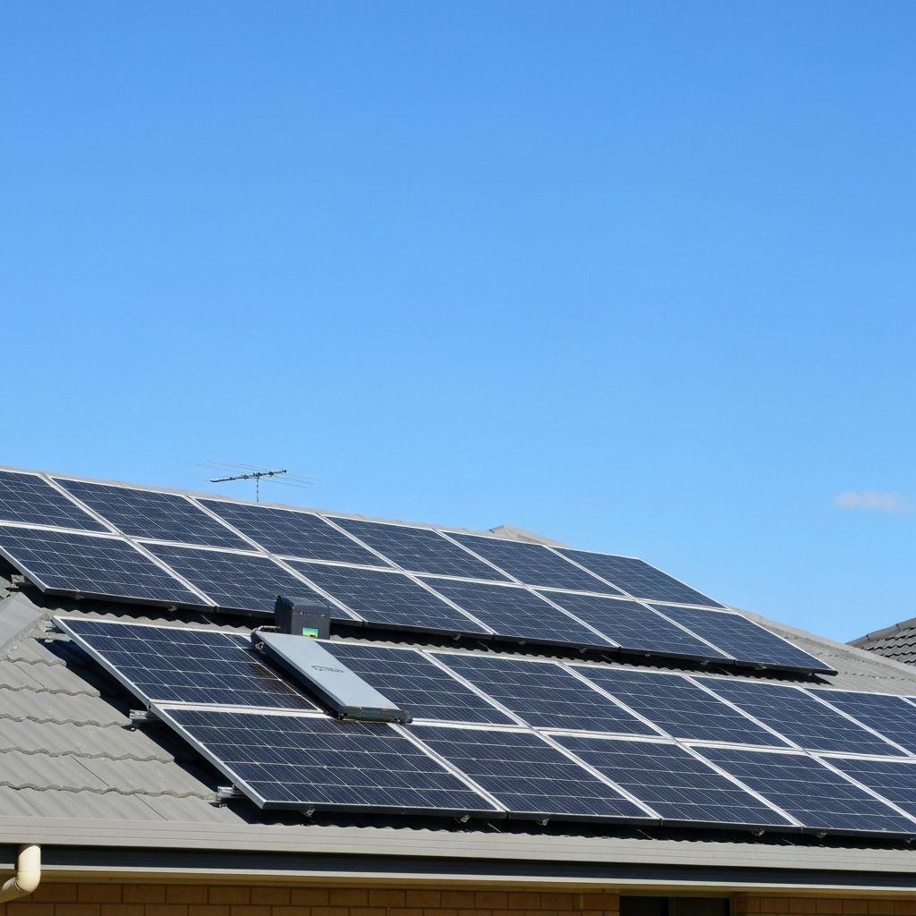 Solar panels with battery backup system installed on an Australian home rooftop